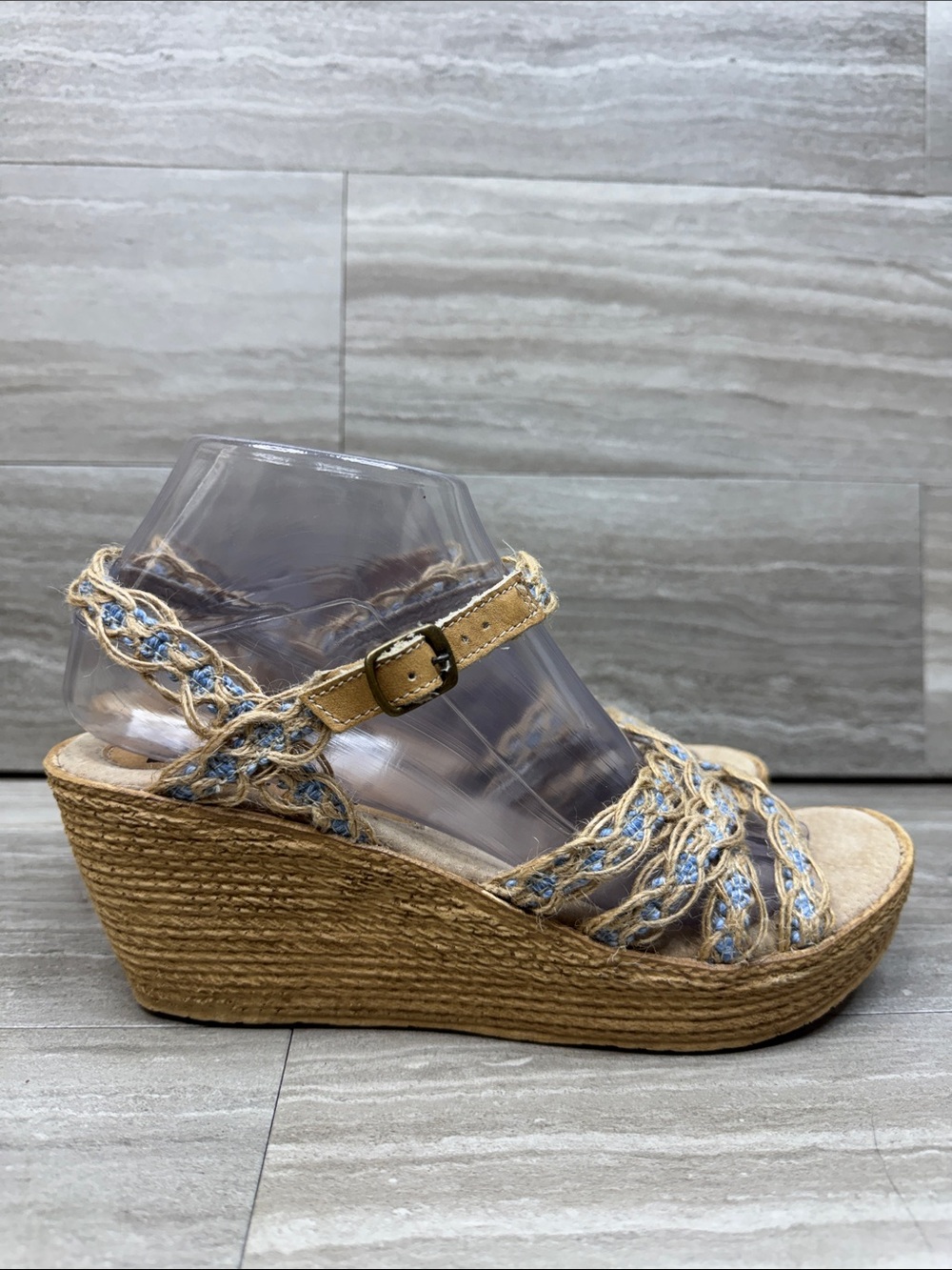 Sbicca Beige and Light Blue Braided Espadrille Wedge Sandals Size 8